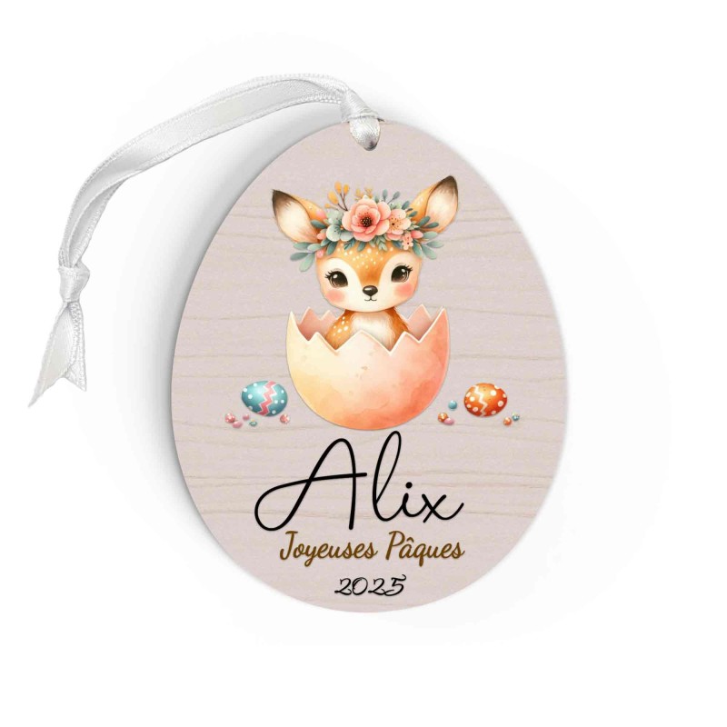 Œuf de Pâques Personnalisé biche, Décoration en Bois, Prénom et Année, Cadeau Souvenir Unique pour Enfant et Famille