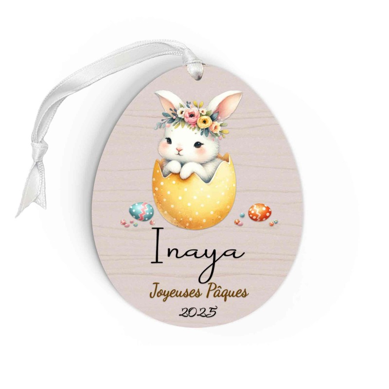 Œuf de Pâques Personnalisé avec lapin, Décoration en Bois, Prénom et Année, Cadeau Souvenir Unique pour Enfant et Famille