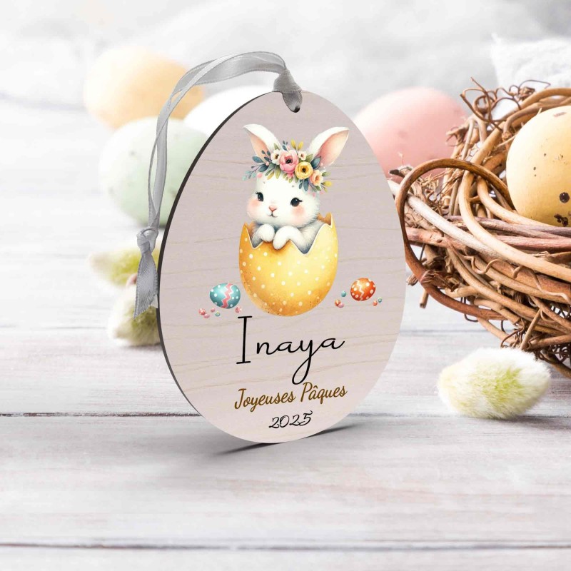 Œuf de Pâques Personnalisé avec lapin, Décoration en Bois, Prénom et Année, Cadeau Souvenir Unique pour Enfant et Famille