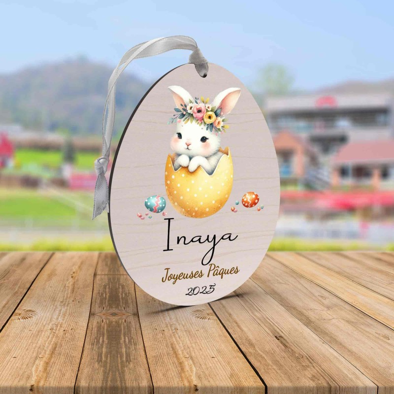 Œuf de Pâques Personnalisé avec lapin, Décoration en Bois, Prénom et Année, Cadeau Souvenir Unique pour Enfant et Famille