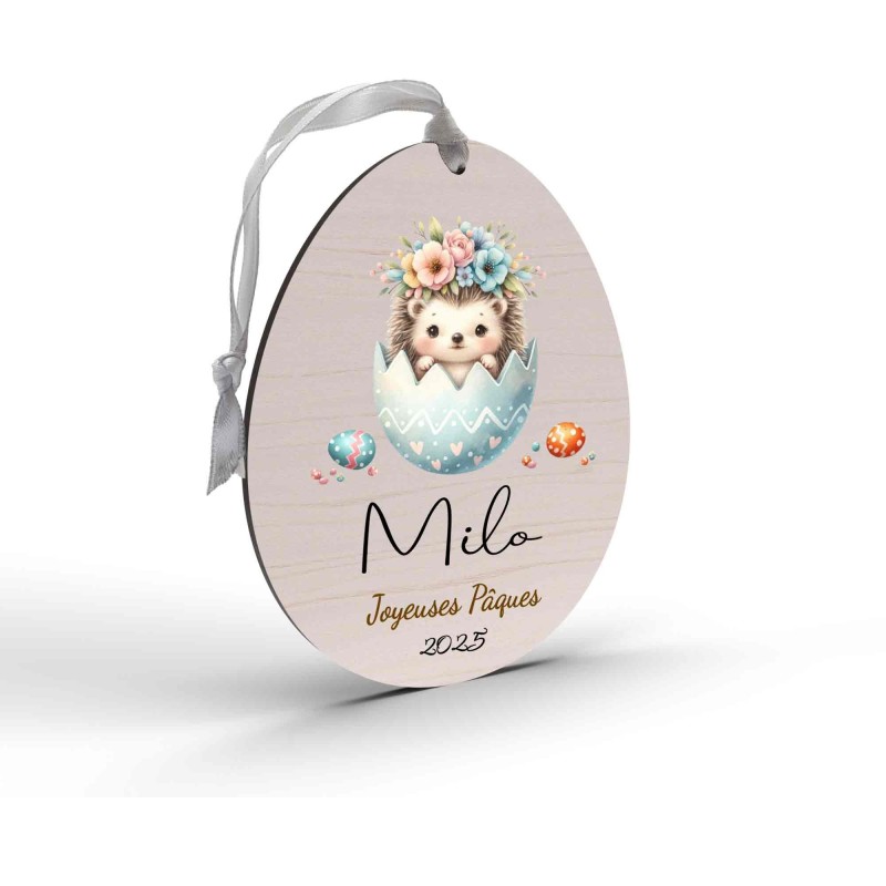 Œuf de Pâques Personnalisé avec hérisson, Décoration en Bois, Prénom et Année, Cadeau Souvenir Unique pour Enfant et Famille