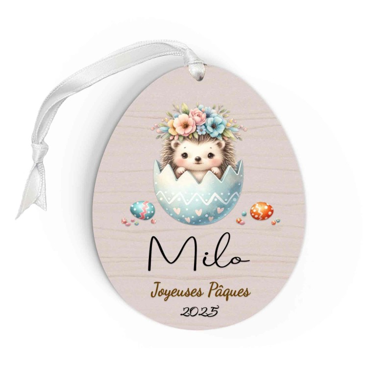 Œuf de Pâques Personnalisé avec hérisson, Décoration en Bois, Prénom et Année, Cadeau Souvenir Unique pour Enfant et Famille