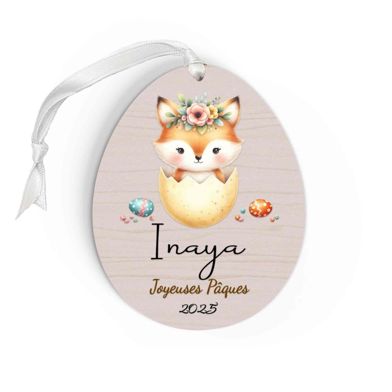 Œuf de Pâques Personnalisé avec renard, Décoration en Bois, Prénom et Année, Cadeau Souvenir Unique pour Enfant et Famille