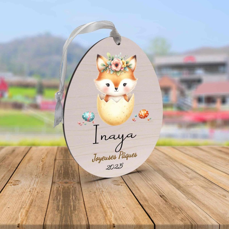 Œuf de Pâques Personnalisé avec renard, Décoration en Bois, Prénom et Année, Cadeau Souvenir Unique pour Enfant et Famille