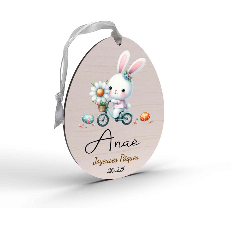 Œuf de Pâques Personnalisé en Bois et couleur lapin vélo
