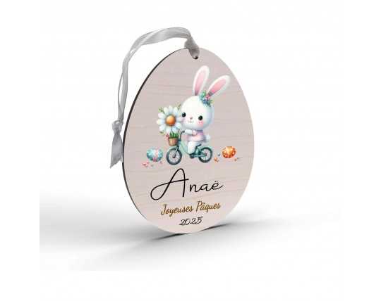Œuf de Pâques Personnalisé en Bois et couleur lapin vélo