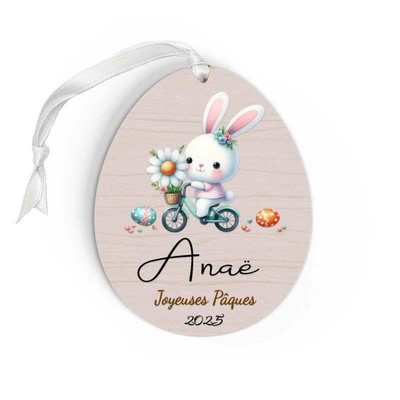 Œuf de Pâques Personnalisé avec lapin vélo, Décoration en Bois, Prénom et Année, Cadeau Souvenir Unique pour Enfant et Famille