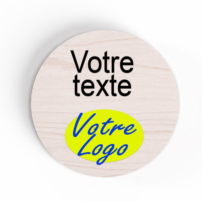 Badge en bois personnalisé – 3 tailles – Attache au choix