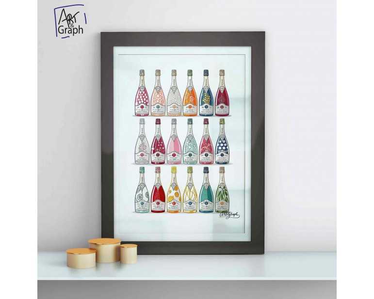 Affiche à imprimer Illustrée de Bouteilles de Vin Pétillant Vintage