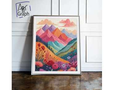 Affiche Numérique Paysage de Montagnes et Fleurs