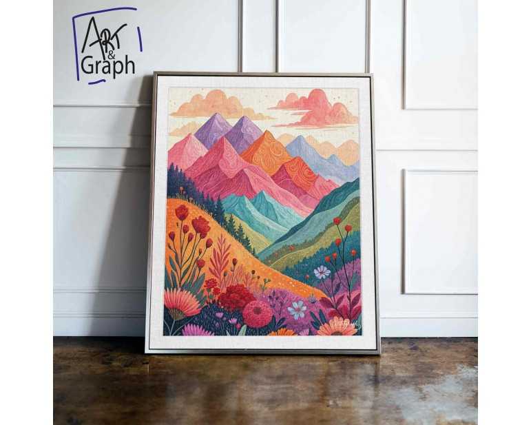 Affiche Numérique Paysage de Montagnes et Fleurs