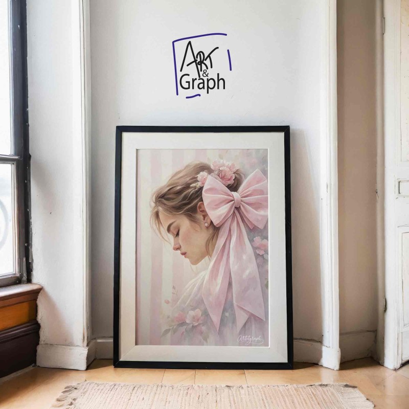 Affiche Numérique Portrait Féminin Romantique - Illustration de Jeune Femme avec Nœud Rose pour Décoration Murale Élégante et Do