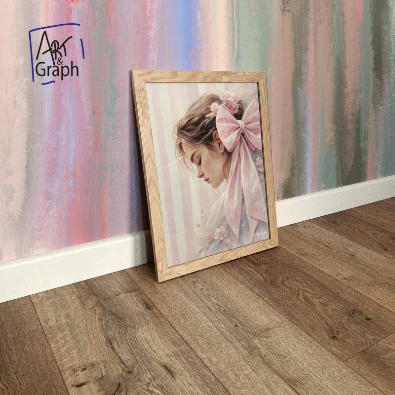 Affiche Numérique Portrait Féminin Romantique - Illustration de Jeune Femme avec Nœud Rose pour Décoration Murale Élégante et Do