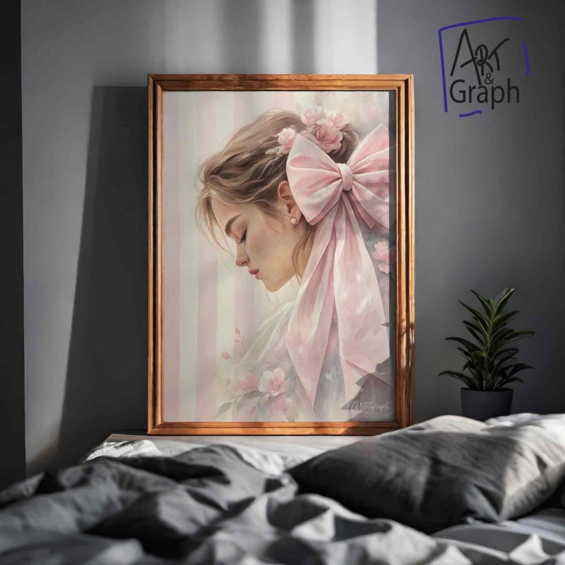 Affiche Numérique Portrait Féminin Romantique - Illustration de Jeune Femme avec Nœud Rose pour Décoration Murale Élégante et Do