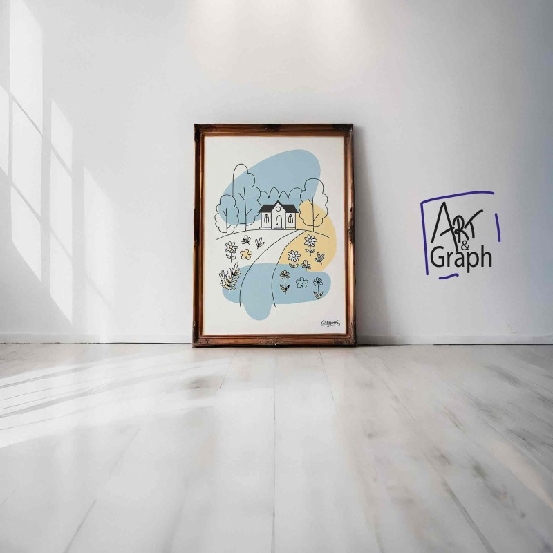 Affiche Numérique Minimaliste Maison Champêtre - Illustration Téléchargeable de Paysage Bucolique et Nature