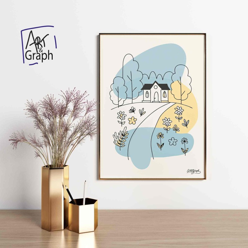 Affiche Numérique Minimaliste Maison Champêtre - Illustration Téléchargeable de Paysage Bucolique et Nature