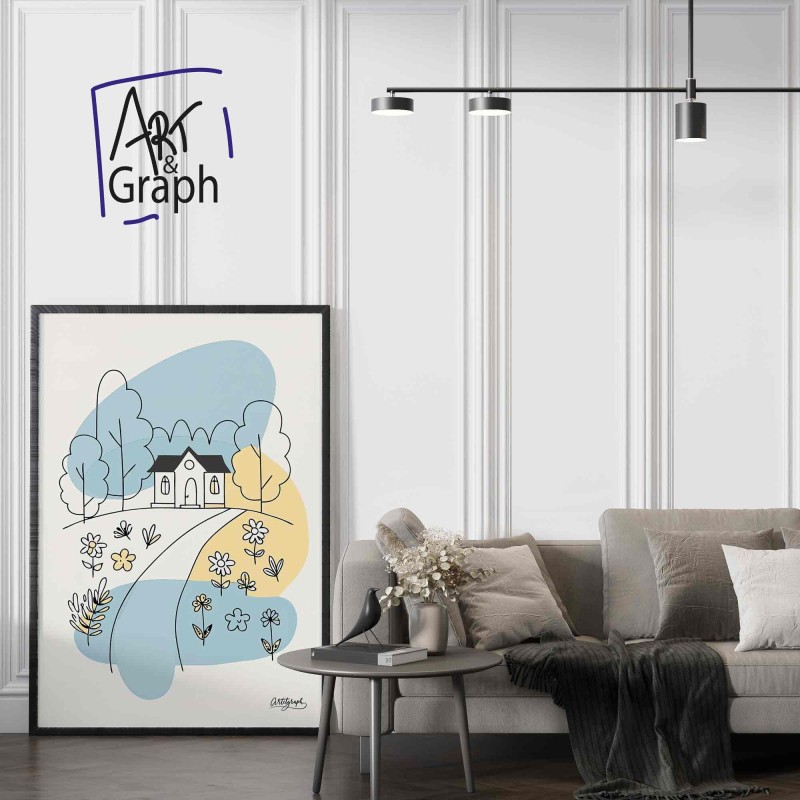 Affiche Numérique Minimaliste Maison Champêtre - Illustration Téléchargeable de Paysage Bucolique et Nature