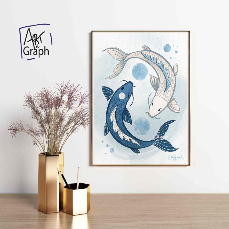 Affiche Numérique Poissons Koi Yin Yang - Illustration Apaisante de Carpes Japonaises en Bleu pour Décoration Murale Zen