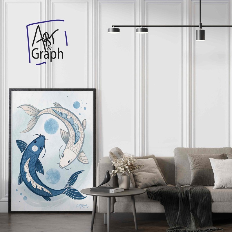Affiche Numérique Poissons Koi Yin Yang - Illustration Apaisante de Carpes Japonaises en Bleu pour Décoration Murale Zen
