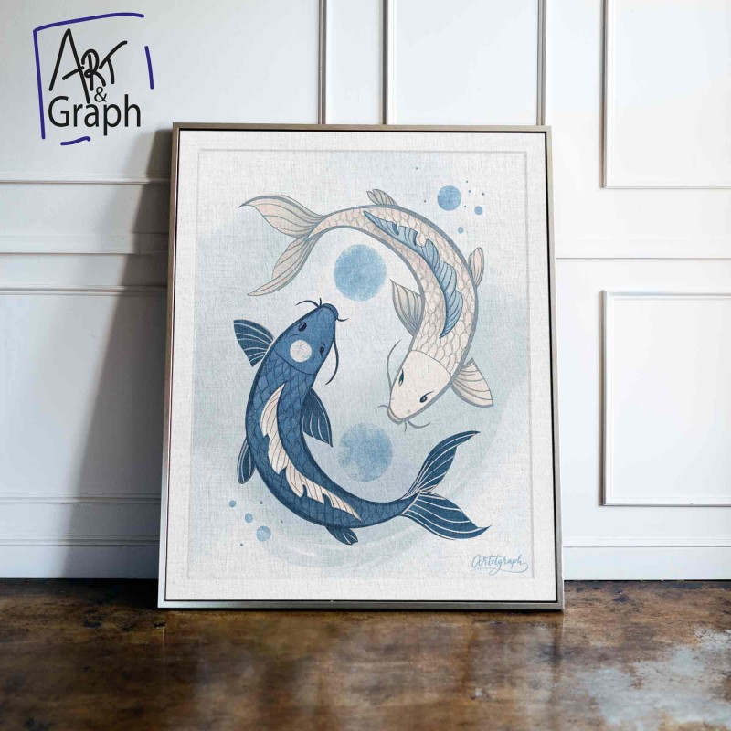 Affiche Numérique Poissons Koi Yin Yang - Illustration Apaisante de Carpes Japonaises en Bleu pour Décoration Murale Zen