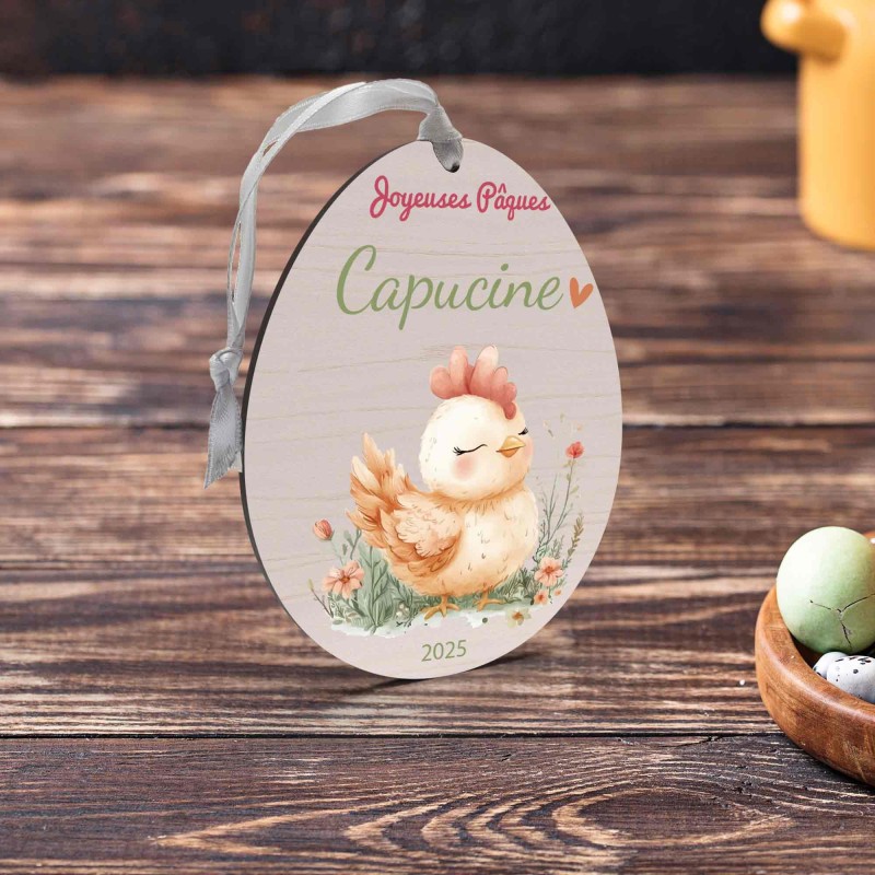 Œuf de Pâques Personnalisé avec lapin vélo, Décoration en Bois, Prénom et Année, Cadeau Souvenir Unique pour Enfant et Famille