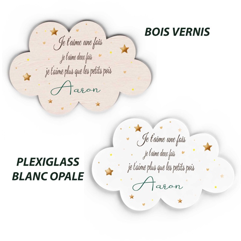 Plaque prénom nuage personnalisée, déco chambre bébé bois ou plexiglass, texte tendre, cadeau naissance original, petits pois