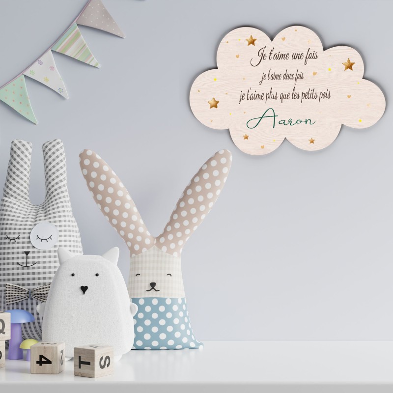 Plaque prénom nuage personnalisée, déco chambre bébé bois ou plexiglass, texte tendre, cadeau naissance original, petits pois