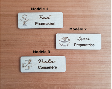 Badge en bois pharmacie personnalisé pharmacien préparatrice