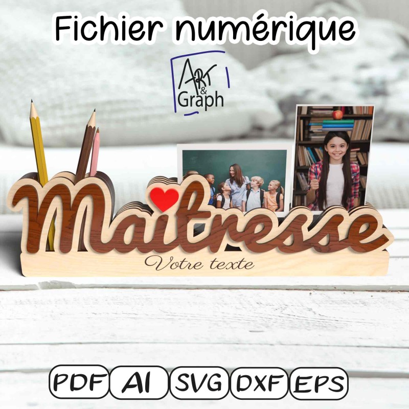 Décoration cadeau maitresse Fichier numérique Porte-photos & crayons texte personnalisé