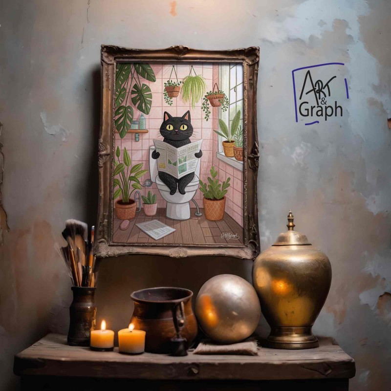 Affiche Numérique Chat sur les Toilettes - Illustration Drôle et Vintage pour Décoration Murale de Salle de Bain