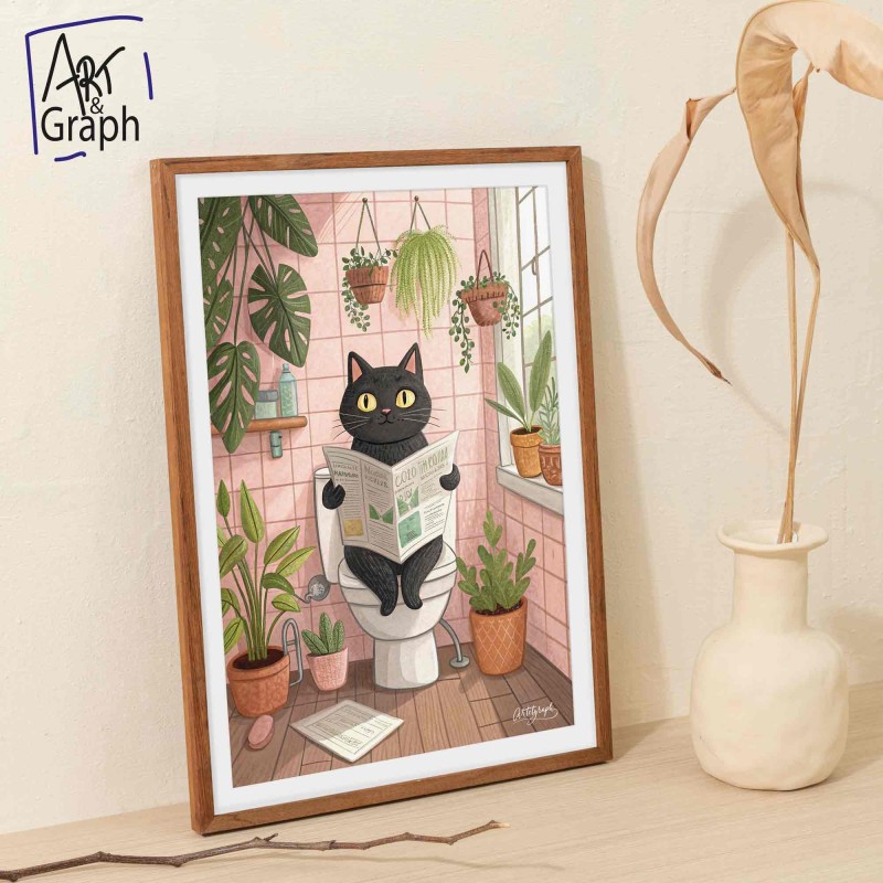 Affiche Numérique Chat sur les Toilettes - Illustration Drôle et Vintage pour Décoration Murale de Salle de Bain