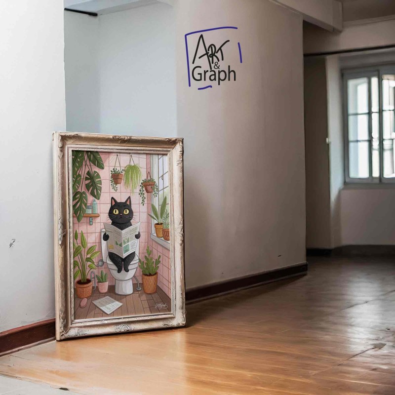 Affiche Numérique Chat sur les Toilettes - Illustration Drôle et Vintage pour Décoration Murale de Salle de Bain