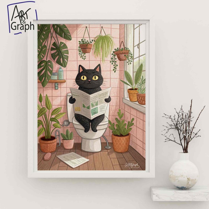 Affiche Numérique Chat sur les Toilettes - Illustration Drôle et Vintage pour Décoration Murale de Salle de Bain