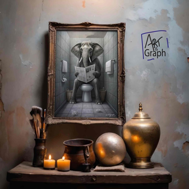 Affiche Numérique Humour éléphant dans les Toilettes - Illustration Drôle et Décalée pour Décoration Murale de Salle de Bain de 