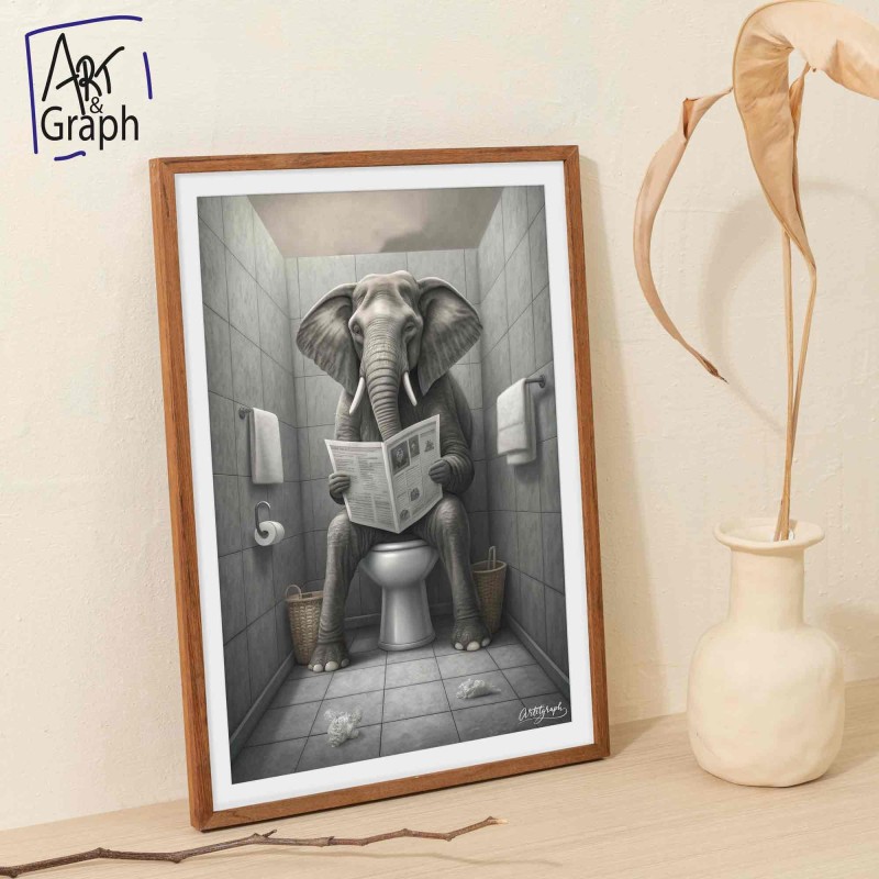 Affiche Numérique Humour éléphant dans les Toilettes - Illustration Drôle et Décalée pour Décoration Murale de Salle de Bain de 