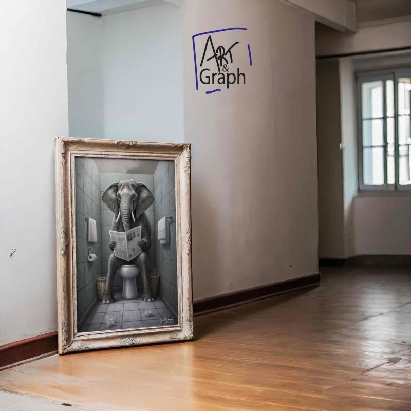 Affiche Numérique Humour éléphant dans les Toilettes - Illustration Drôle et Décalée pour Décoration Murale de Salle de Bain de 