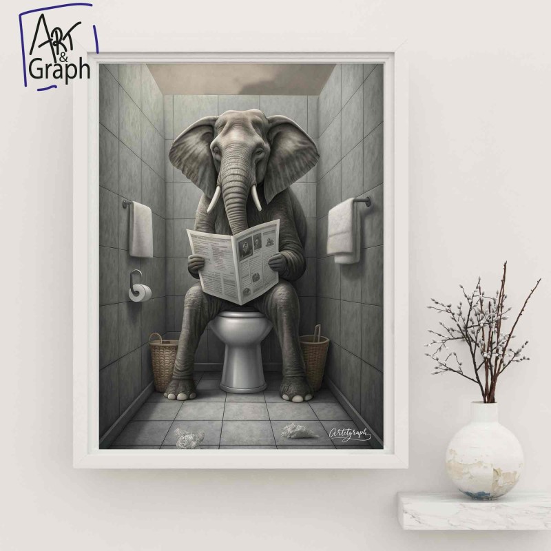 Affiche Numérique Humour éléphant dans les Toilettes - Illustration Drôle et Décalée pour Décoration Murale de Salle de Bain de 