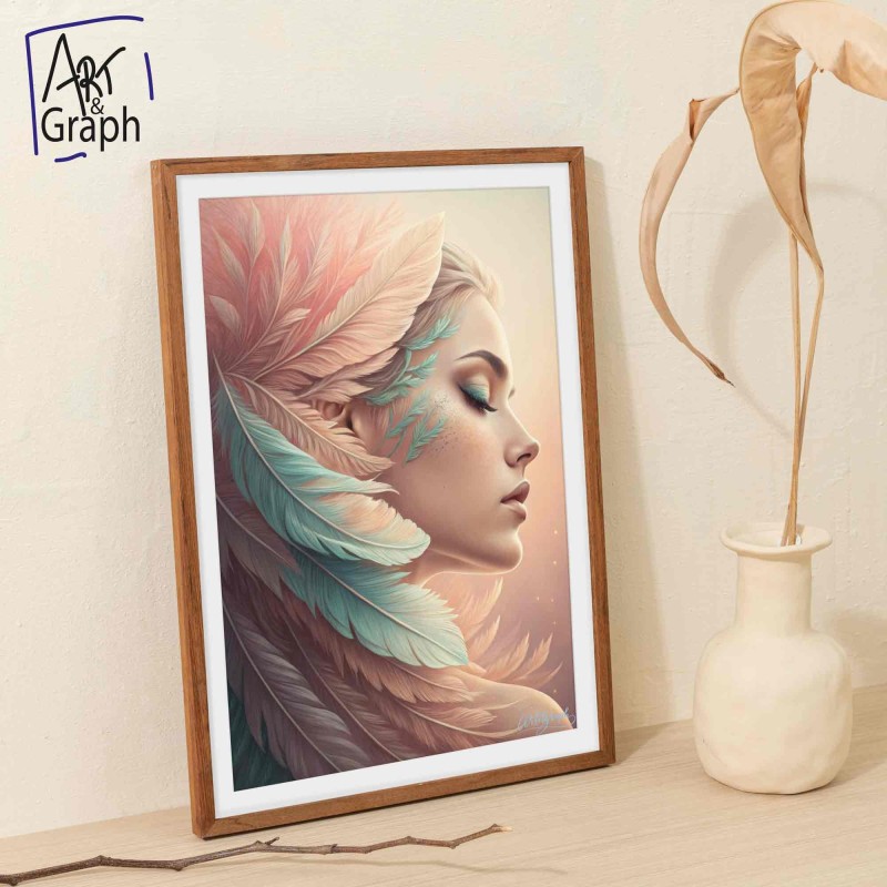 Affiche Numérique Portrait Féminin - Illustration Surréaliste Élégante avec Plumes Pastel - Téléchargement Haute Définition