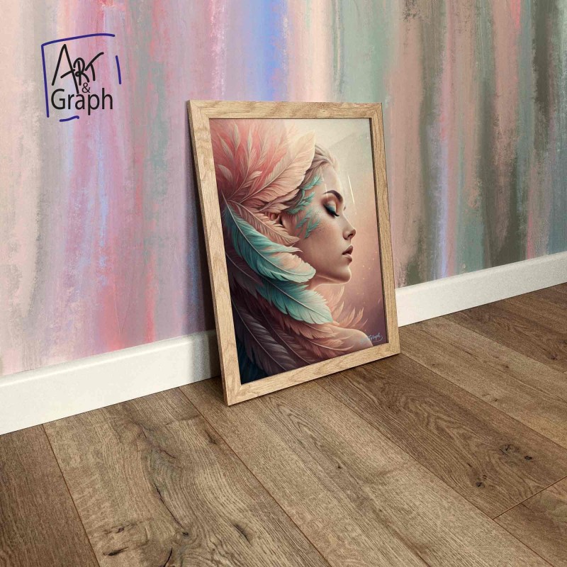 Affiche Numérique Portrait Féminin - Illustration Surréaliste Élégante avec Plumes Pastel - Téléchargement Haute Définition