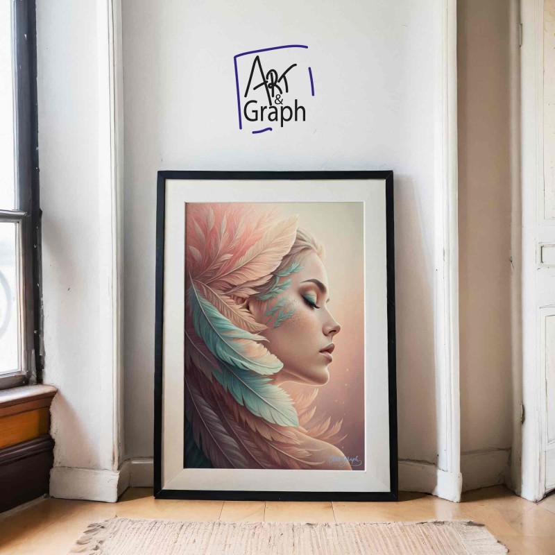 Affiche Numérique Portrait Féminin - Illustration Surréaliste Élégante avec Plumes Pastel - Téléchargement Haute Définition