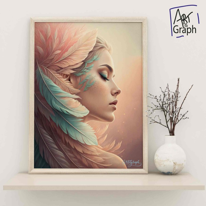 Affiche Numérique Portrait Féminin - Illustration Surréaliste Élégante avec Plumes Pastel - Téléchargement Haute Définition