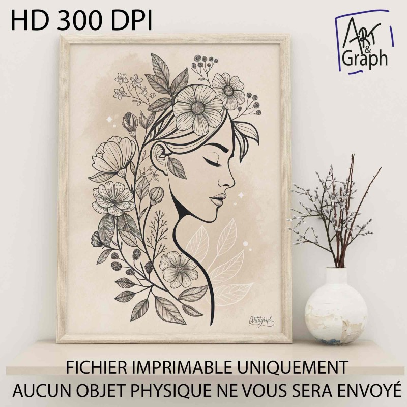 Affiche Numérique Portrait Féminin Fleuris