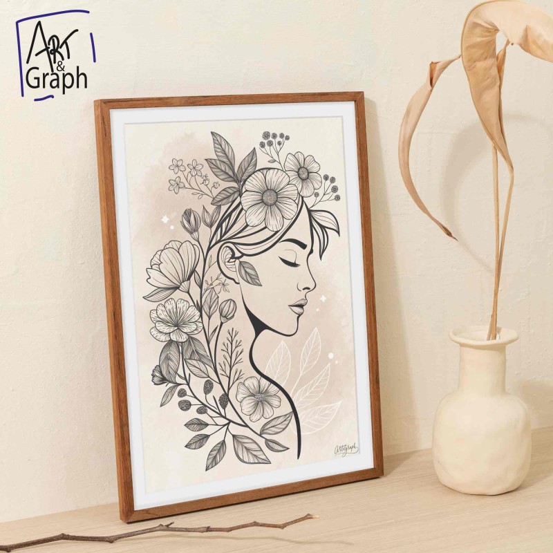 Affiche Numérique Portrait Féminin Fleuris - Illustration Ligne Continue en Noir et Blanc - Affiche Numérique Téléchargeable