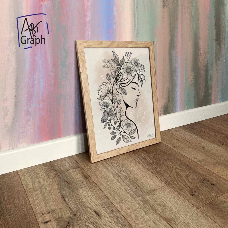 Affiche Numérique Portrait Féminin Fleuris - Illustration Ligne Continue en Noir et Blanc - Affiche Numérique Téléchargeable
