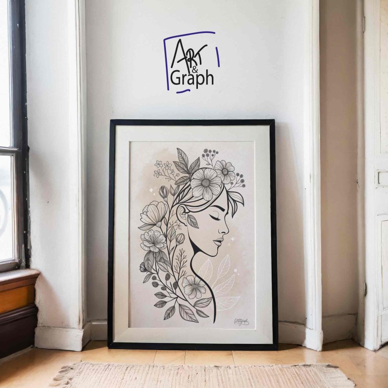 Affiche Numérique Portrait Féminin Fleuris - Illustration Ligne Continue en Noir et Blanc - Affiche Numérique Téléchargeable