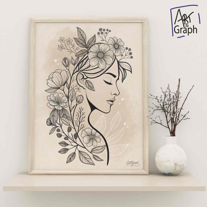 Affiche Numérique Portrait Féminin Fleuris - Illustration Ligne Continue en Noir et Blanc - Affiche Numérique Téléchargeable