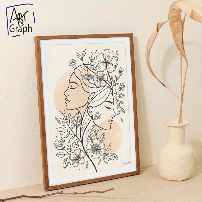 Affiche Numérique Illustration Florale Féminine - Art Ligne Continue Noir et Blanc -  Haute Définition 300DPI