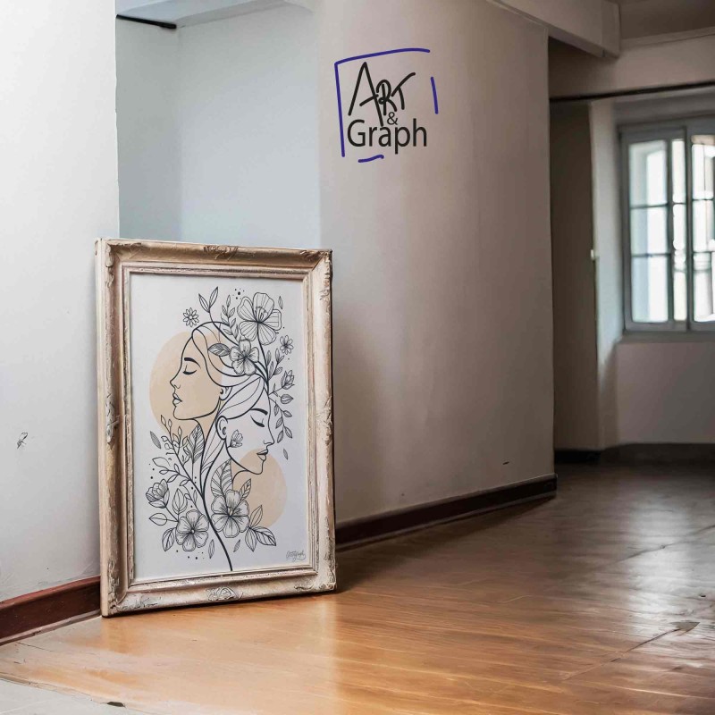 Affiche Numérique Illustration Florale Féminine - Art Ligne Continue Noir et Blanc -  Haute Définition 300DPI