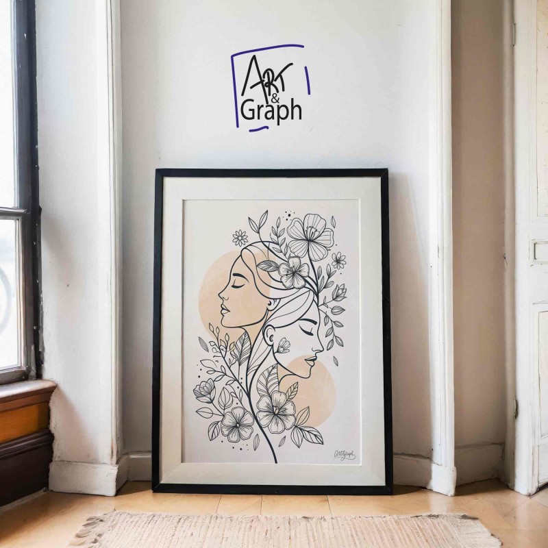 Affiche Numérique Illustration Florale Féminine - Art Ligne Continue Noir et Blanc -  Haute Définition 300DPI