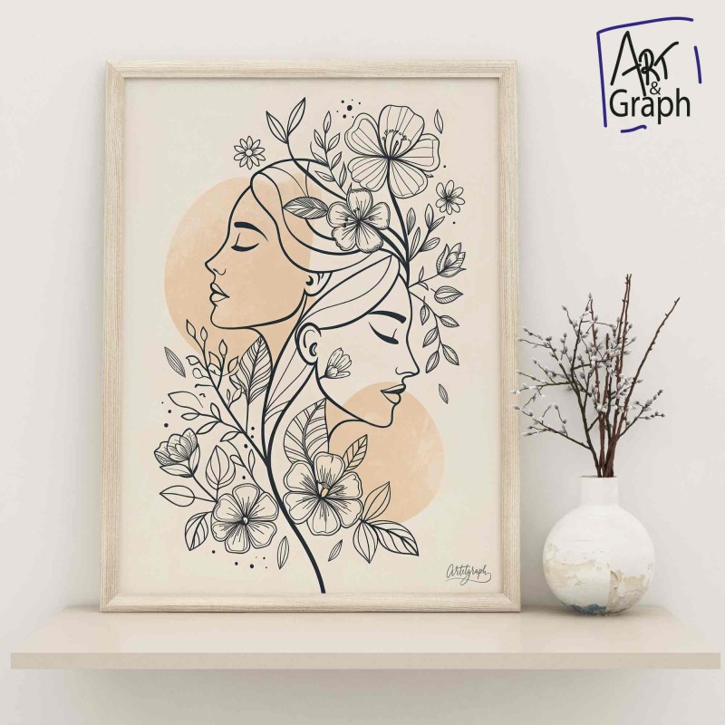 Affiche Numérique Illustration Florale Féminine - Art Ligne Continue Noir et Blanc -  Haute Définition 300DPI